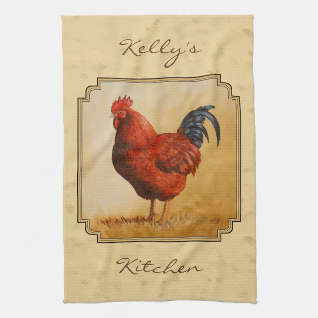 Rhode Island Red Rooster Yellow Background Tea Towel (Vertical)