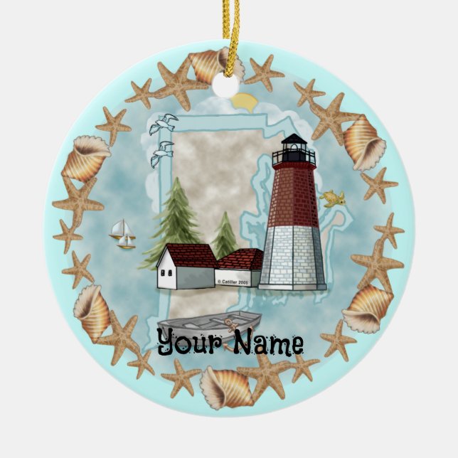 Rhode Island Shell Lighthouse custom name Ornament (Front)