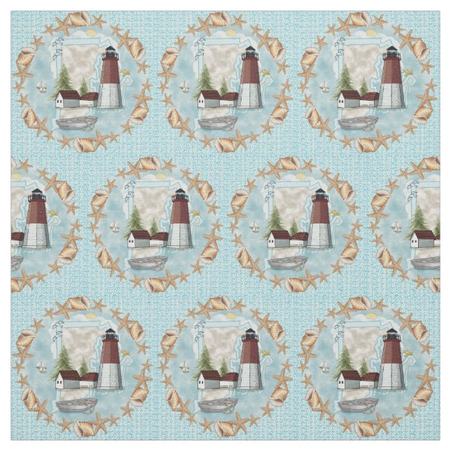 Rhode Island Shells Lighthouse Fabric (Swatch)