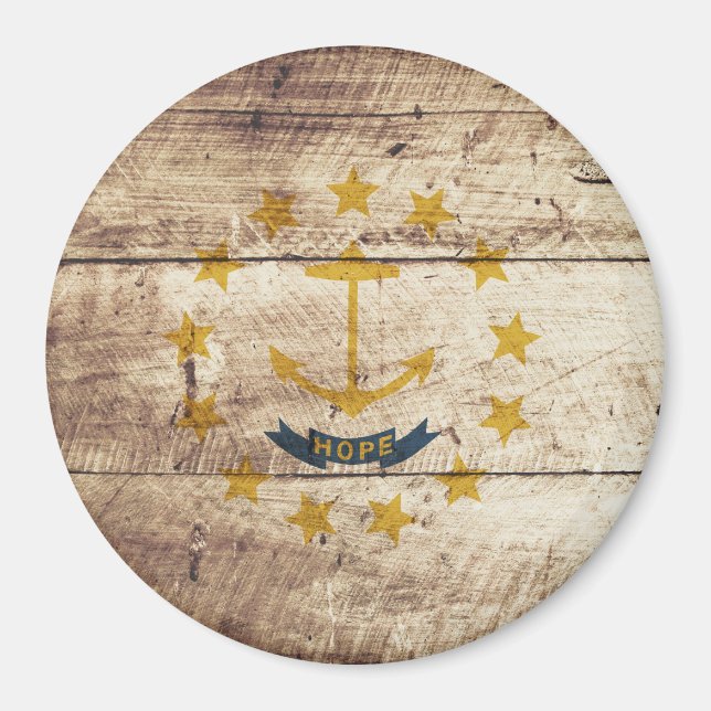 Rhode Island State Flag on Old Wood Grain Magnet (Front)