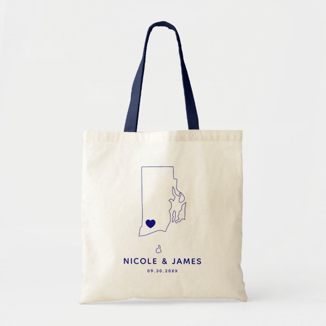 Rhode Island Wedding Welcome Bag Map Tote, Navy (Front)
