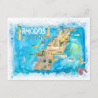 Rhodes Greece Illustrated Map with Landmarks