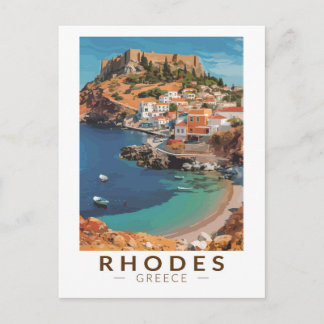 Rhodes Greece Illustration Travel Art Vintage Postcard