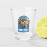 Rhodes Greece Illustration Travel Art Vintage Shot Glass<br><div class="desc">Rhodes retro vector travel design. Rhodes,  the largest of Greece’s Dodecanese islands,  is known for its beach resorts,  and ancient ruins.</div>