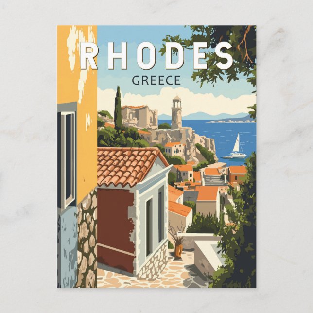 Rhodes Greece Old Town Travel Art Vintage Postcard (Front)