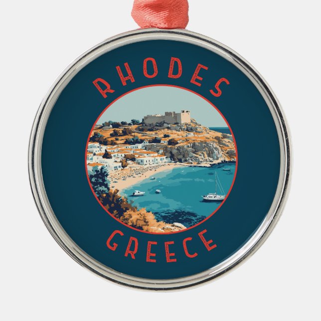 Rhodes Greece Retro Distressed Circle Metal Tree Decoration (Front)