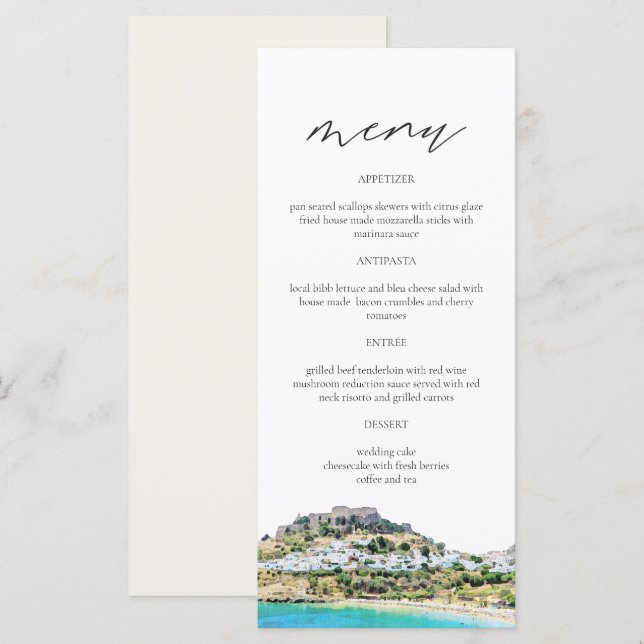 RHODES Greece Skyline Watercolor Wedding Menu Card (Front/Back)