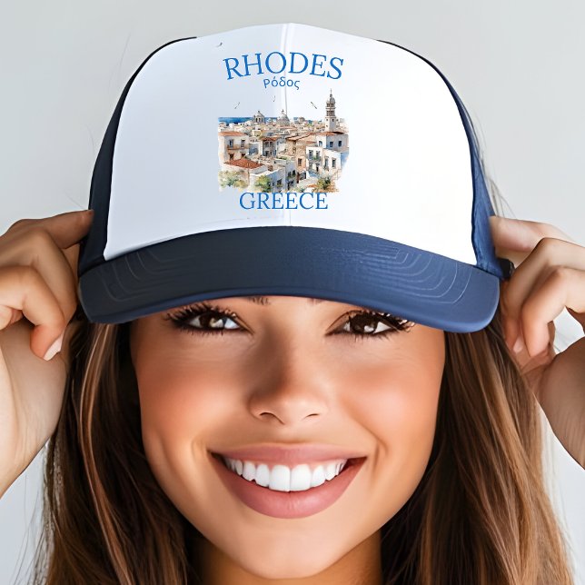 Rhodes Greece Watercolor – Greek Island Vacation Trucker Hat (Creator Uploaded)