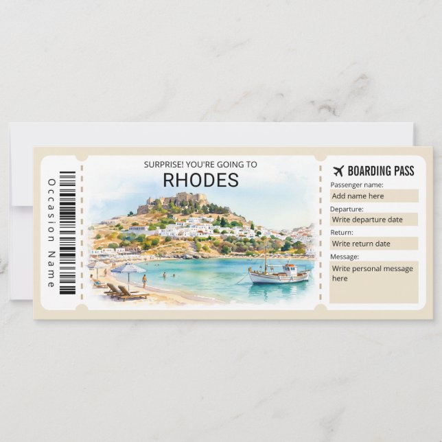 Rhodes Trip Boarding Pass Ticket Invitation (Front)