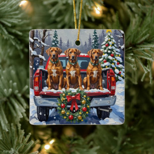 Rhodesian Ridgeback Christmas Red Truck Holiday Ceramic Ornament