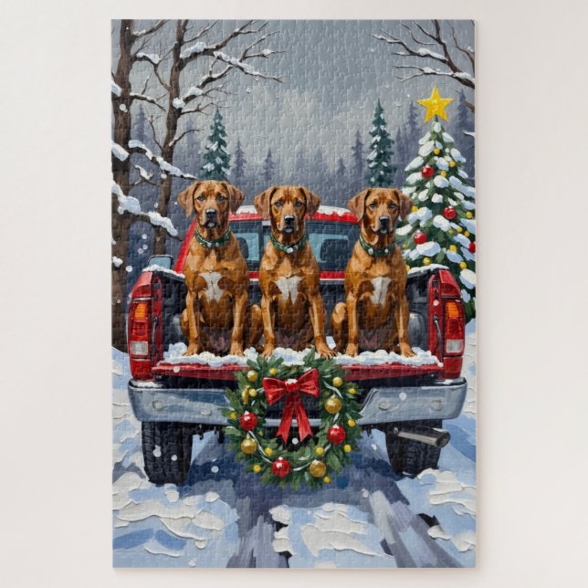 Rhodesian Ridgeback Christmas Red Truck Holiday Jigsaw Puzzle (Vertical)