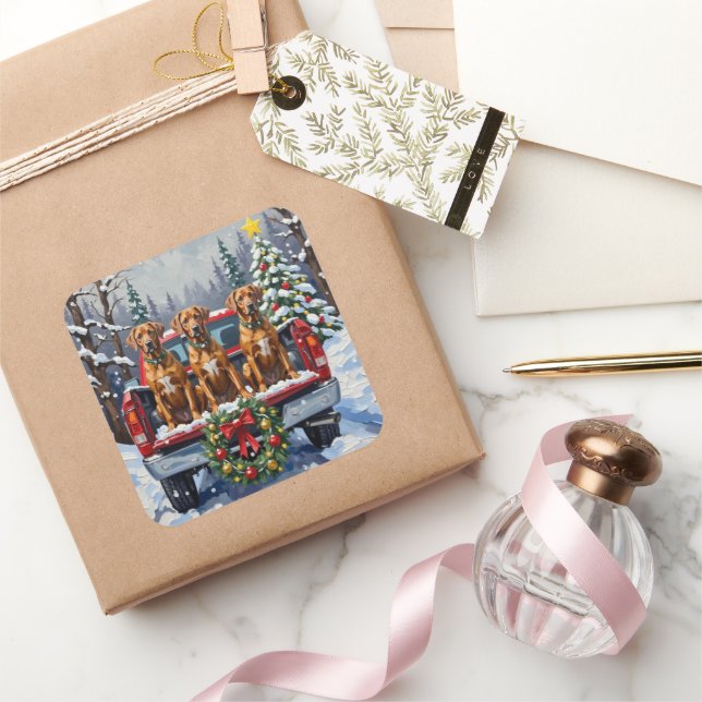 Rhodesian Ridgeback Christmas Red Truck Holiday Square Sticker (Gifting)