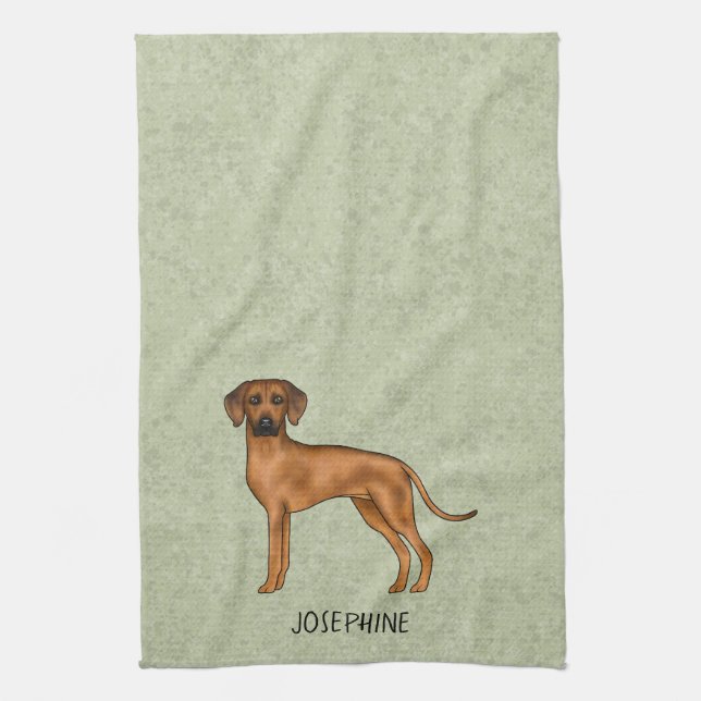 Rhodesian Ridgeback Cute Brown Dog With Name Green Tea Towel (Vertical)