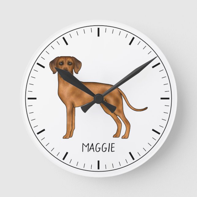 Rhodesian Ridgeback Cute Brown Lion Dog With Name Round Clock (Front)