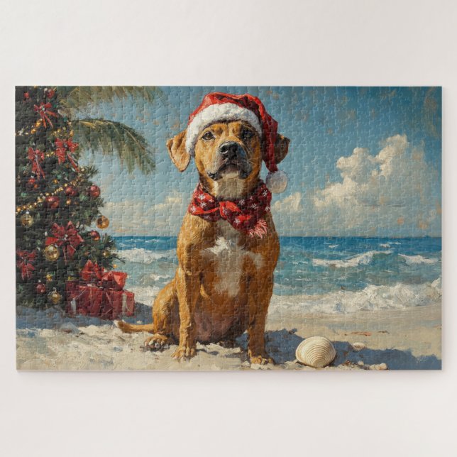 Rhodesian Ridgeback Dog Christmas Vintage Beach Jigsaw Puzzle (Horizontal)