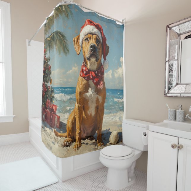 Rhodesian Ridgeback Dog Christmas Vintage Beach Shower Curtain (In Situ)