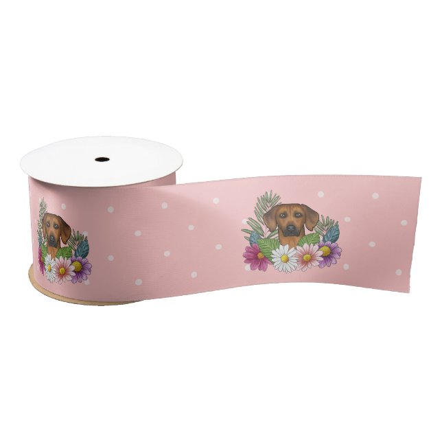 Rhodesian Ridgeback Dog Colourful Wildflowers Pink Satin Ribbon (Spool)