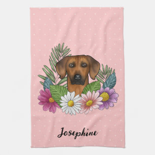 Rhodesian Ridgeback Dog Colourful Wildflowers Pink Tea Towel