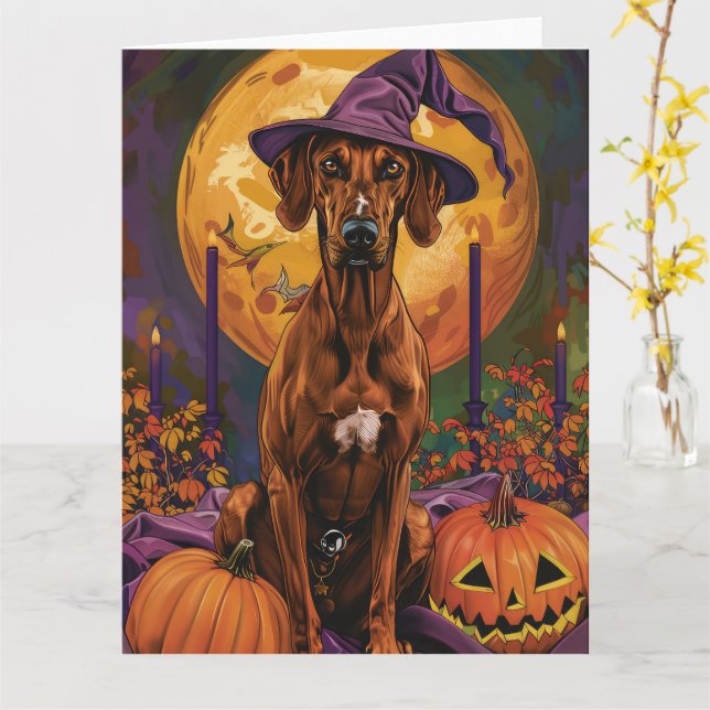 Rhodesian Ridgeback Dog Halloween Witch Pumpkin Card (Yellow Flower)