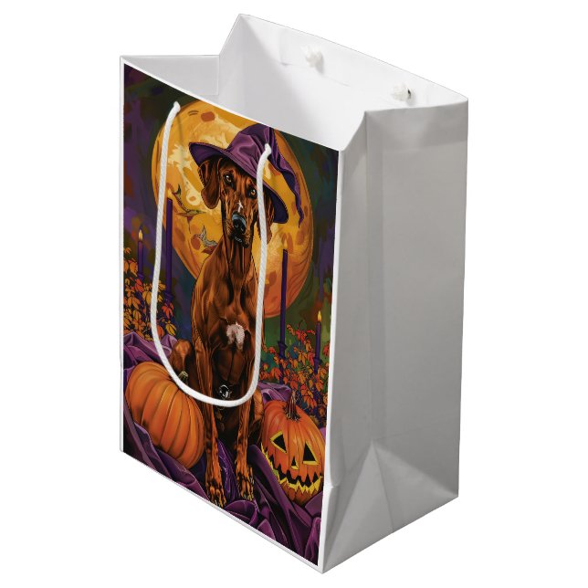 Rhodesian Ridgeback Dog Halloween Witch Pumpkin Medium Gift Bag (Front Angled)