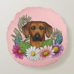Rhodesian Ridgeback Dog Head Colourful Wildflowers Round Cushion