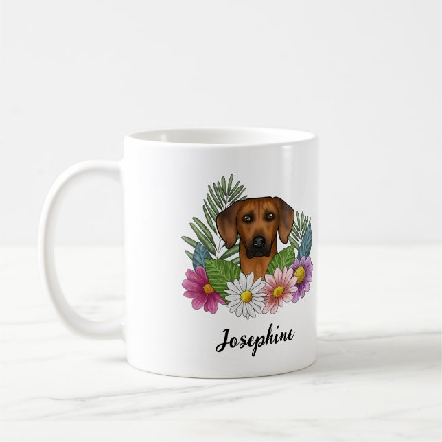 Rhodesian Ridgeback Dog Head Flowers And Name Coffee Mug (Left)