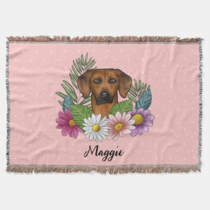 Rhodesian Ridgeback Dog Head Summer Florals Pink Throw Blanket
