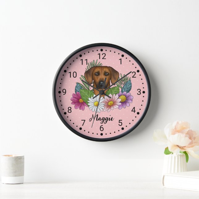 Rhodesian Ridgeback Dog Head Wildflowers On Pink Clock (Home)