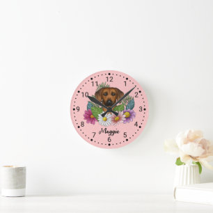 Rhodesian Ridgeback Dog Head Wildflowers On Pink Round Clock