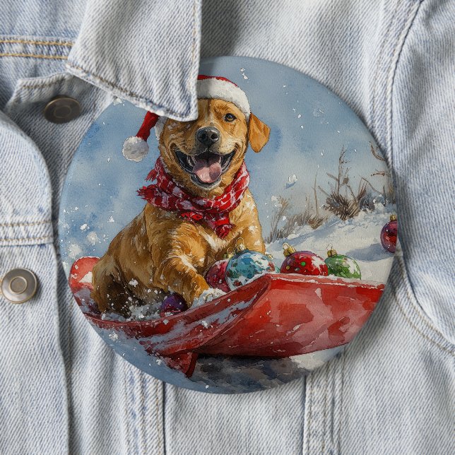 Rhodesian Ridgeback Dog in Sledge Christmas 6 Cm Round Badge (In Situ)