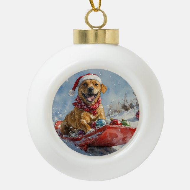 Rhodesian Ridgeback Dog in Sledge Christmas Ceramic Ball Christmas Ornament (Front)