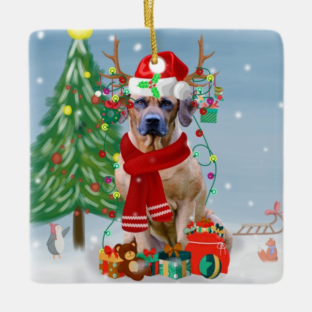 Rhodesian Ridgeback Dog in Snow Christmas Gift   Ceramic Ornament (Front)