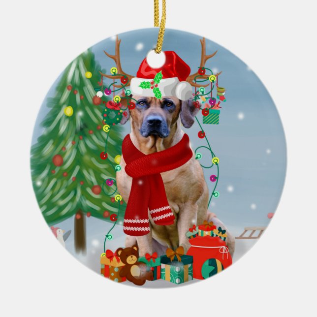 Rhodesian Ridgeback Dog in Snow Christmas Gift   Ceramic Tree Decoration (Front)