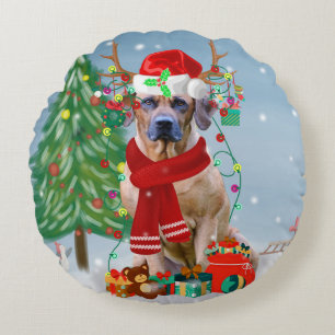 Rhodesian Ridgeback Dog in Snow Christmas Gift Round Cushion