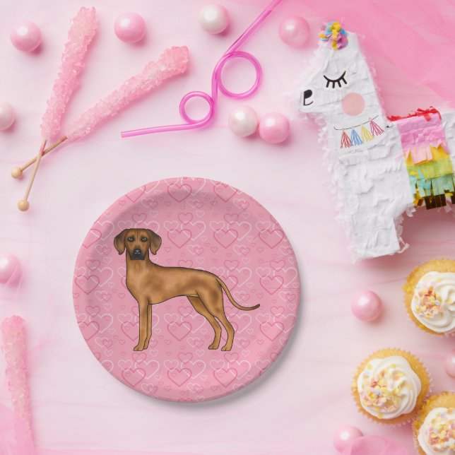 Rhodesian Ridgeback Dog Love Heart Pattern Pink Paper Plate (Party)