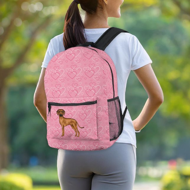 Rhodesian Ridgeback Dog Love Heart Pattern Pink Printed Backpack (Please note: This image is a digital mockup. The product may not be in scale.)