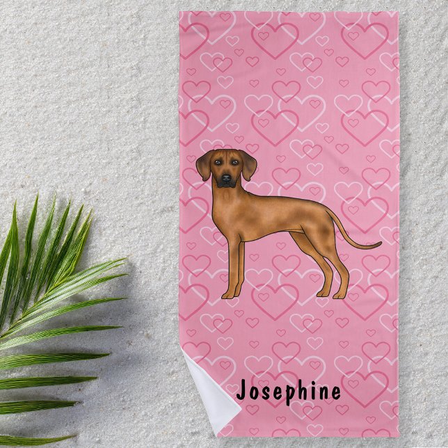Rhodesian Ridgeback Dog On Pink Hearts With Name Beach Towel (Creator Uploaded)