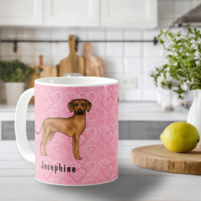 Rhodesian Ridgeback Dog On Pink Hearts With Name Coffee Mug (Please note: This image is a digital mockup. The product may not be in scale.)
