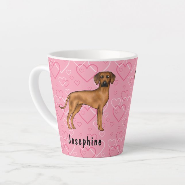 Rhodesian Ridgeback Dog On Pink Hearts With Name Latte Mug (Left Angle)