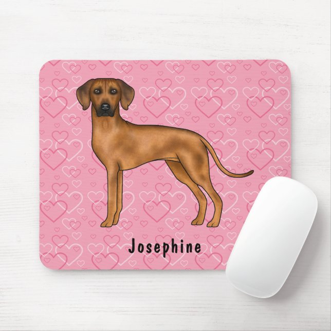 Rhodesian Ridgeback Dog On Pink Hearts With Name Mouse Mat (With Mouse)