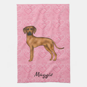 Rhodesian Ridgeback Dog On Pink Hearts With Name Tea Towel