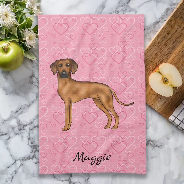 Rhodesian Ridgeback Dog On Pink Hearts With Name Tea Towel (Please note: This image is a digital mockup. The product may not be in scale.)