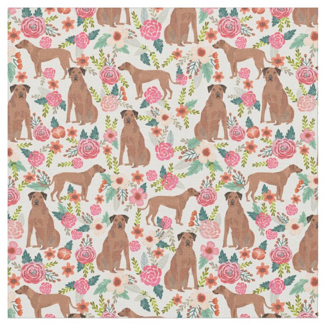 rhodesian ridgeback dog vintage florals cream fabric (Close Up)