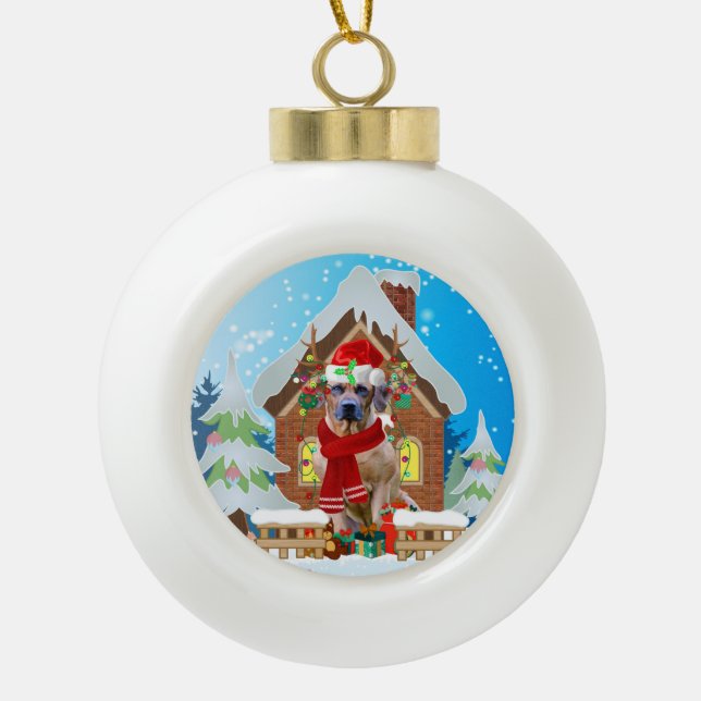Rhodesian Ridgeback dog with Christmas gifts Ceramic Ball Christmas Ornament (Front)