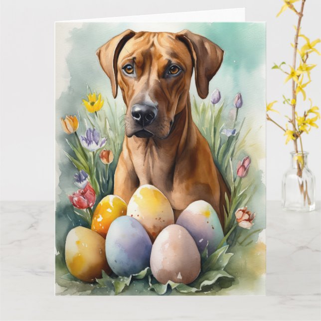 Rhodesian Ridgeback Dog with Easter Eggs Holiday Card (Yellow Flower)