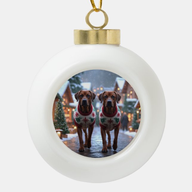 Rhodesian Ridgeback Dogs Christmas Snow Holiday Ceramic Ball Christmas Ornament (Front)