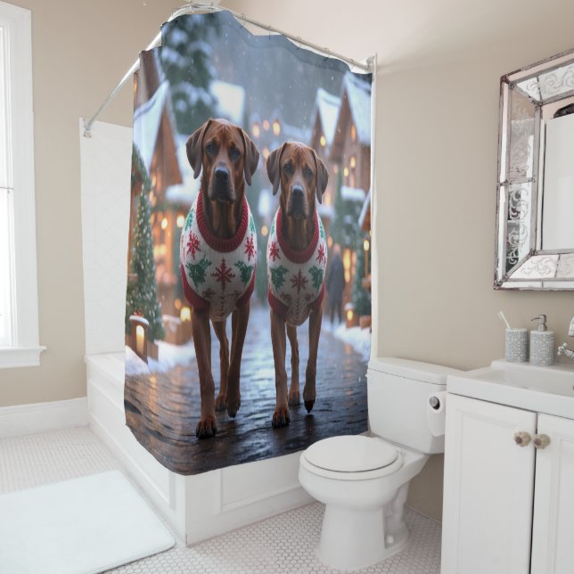 Rhodesian Ridgeback Dogs Christmas Snow Holiday Shower Curtain (In Situ)