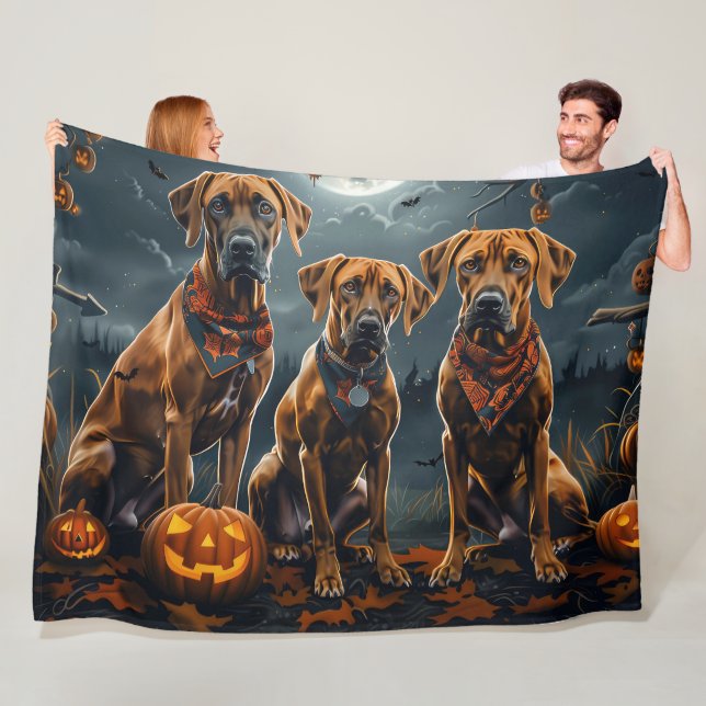 Rhodesian Ridgeback Halloween Spooky  Fleece Blanket (In Situ)