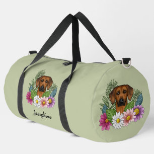 Rhodesian Ridgeback Head Colourful Flowers Green Duffle Bag
