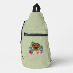 Rhodesian Ridgeback Head Colourful Flowers Green Sling Bag